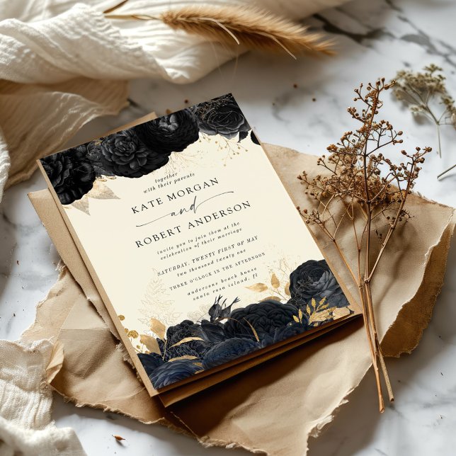 Brölloksinbjudan till Watercolor Guld Black Ro (Skapare uppladdad)