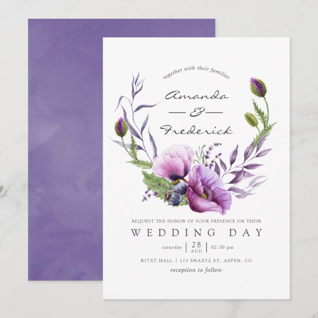 Brölloksinbjudan till Watercolor Violet Poppy Blom Inbjudningar (Fram/baksida)