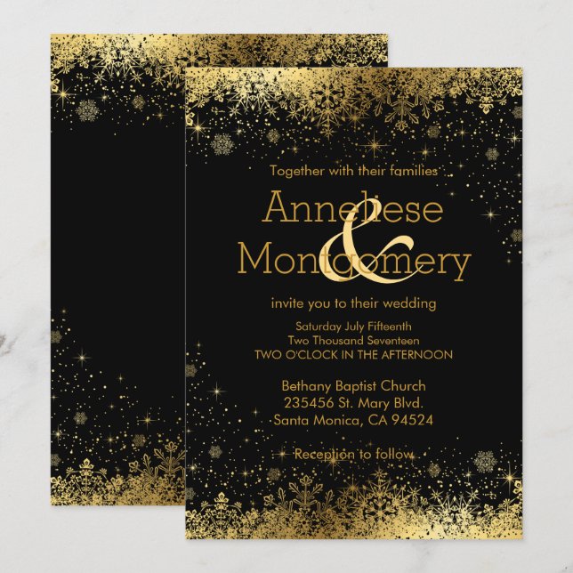 Brölloksinbjudan till Winter Black & Guld Snöfling Inbjudningar (Fram/baksida)