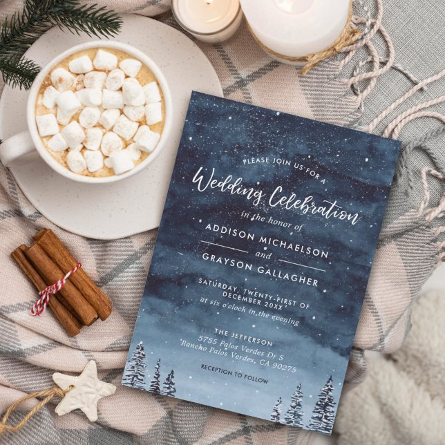 Bröllop (Winter wonderland holiday wedding celebration invitation with a night snow background.)