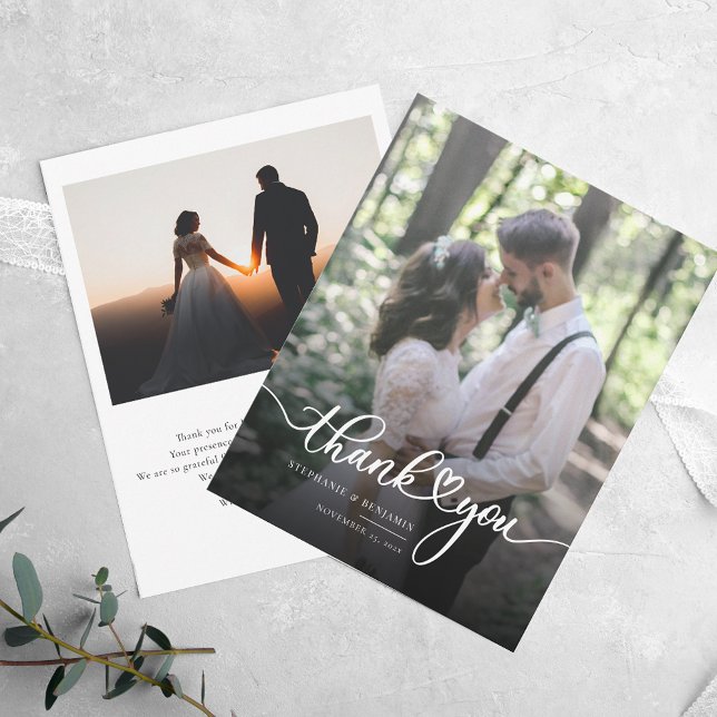 Bröllop 2 Foton, handskriven Tack Anteckningskort (Wedding Photos Elegant Script Wedding Thank You Note Card)