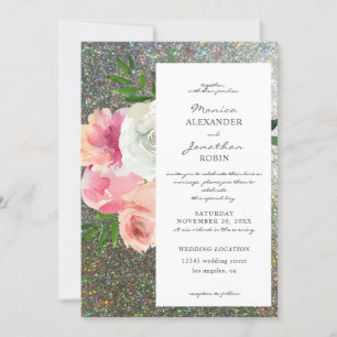 Bröllop 2 med rosa grå blommor och silverglitter inbjudningar