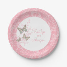 Bröllop 3 bläck-butterfär rosa vit papper platta