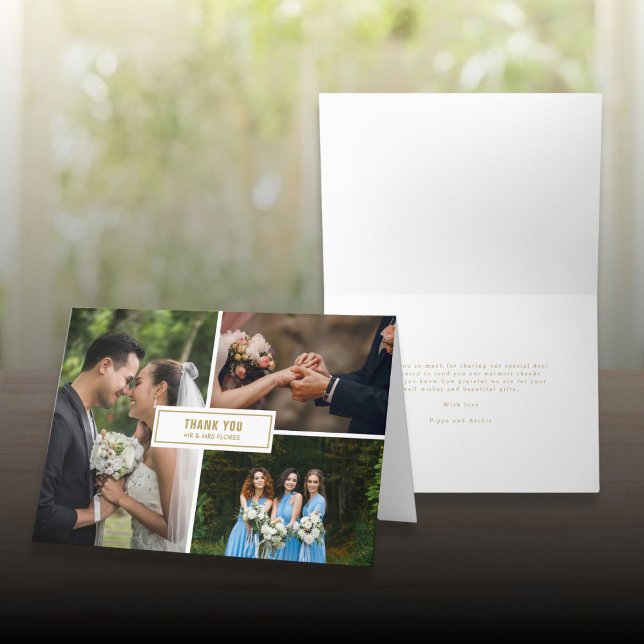 Bröllop 3 Foto Collage Modern Elegant Tack Kort (Wedding 3 Photo Collage Modern Elegant Thank You Card)