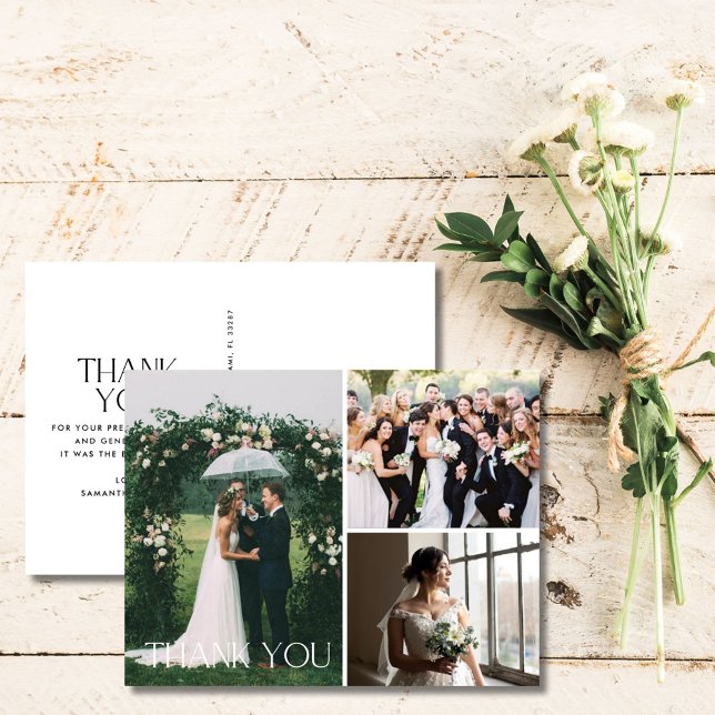 Bröllop 3-vykort för fotokollage-Tack Vykort (Wedding 3 Photo Collage Thank You Postcard)