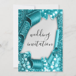 Bröllop 3D Cart Effect Elegant Silver Teal Glitter Inbjudningar