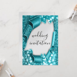 Bröllop 3D Cart Effect Elegant Silver Teal Glitter Inbjudningar