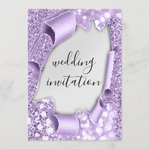 Bröllop 3D Effekt Elegant Violett Silver Glitter Inbjudningar