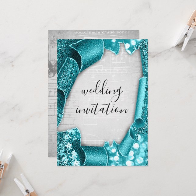 Bröllop 3D-effekt Silver Grått Teal Music Inbjudningar (Fram/Back In Situ)