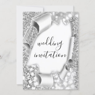 Bröllop 3D-effektens Elegant Vita Silver Glitter Inbjudningar