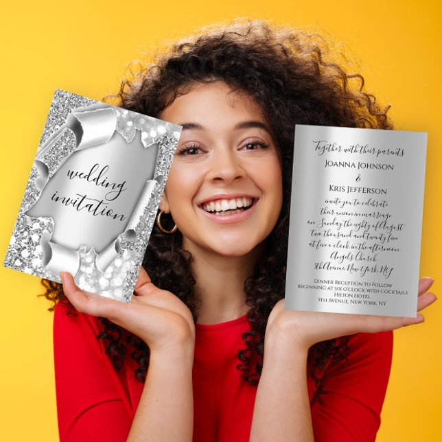 Bröllop 3D-Elegant Grått Silver Glitter Inbjudningar (Wedding 3D Effect Elegant Gray Silver Glitter Invitation)