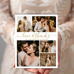 Bröllop 5 Photo Collage Kärlek och Tack Tack Vykort<br><div class="desc">Elegant, minsta vykort för fotokollage Tack med Guld-skript Bröllop 5. Modern bröllop tackar dig för att du har en kortmall med fem (5) foto på framsidan och ett (1) foto på baksidan. Med texten "Kärlek och tack" i ett snabbt skript med text och text i guld på den vita bakgrunden...</div>