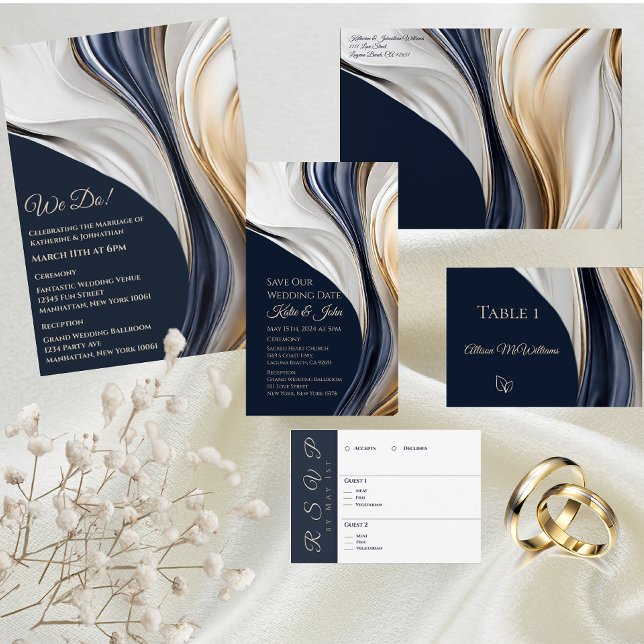 Bröllop-Abstrakt Fluid Art-Blue och Guld Inbjudningar (Modern Wedding Theme-Blue White and Gold)