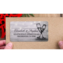 Bröllop Adress Champagne Glass Wood String Ljus Adressetikett