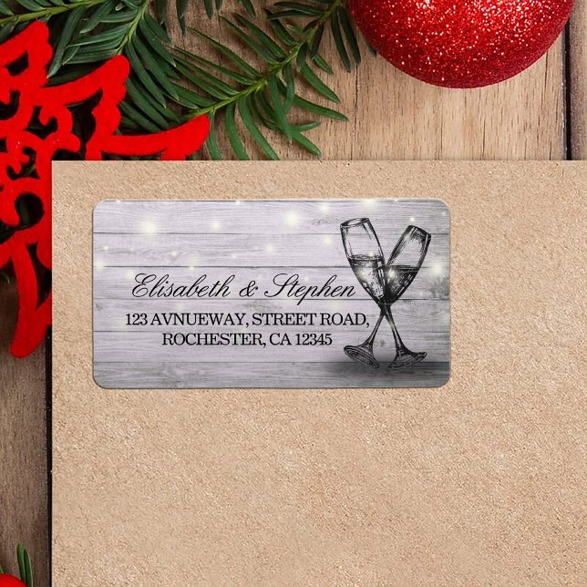 Bröllop Adress Champagne Glass Wood String Ljus Adressetikett (Skapare uppladdad)