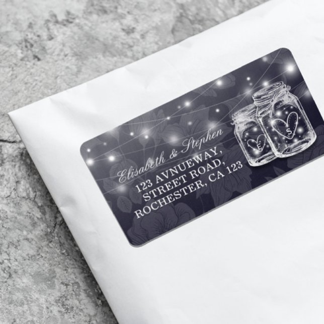 Bröllop Adress Mason Burk String Ljus marinblått m Adressetikett (Skapare uppladdad)