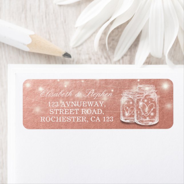 Bröllop Adress Mason Burk String Ljus Ro Guld Returadress Etikett (Insitu)