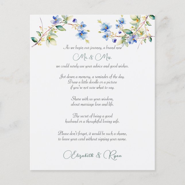 Bröllop Adress Önskemål Blue Watercolor (Framsida)