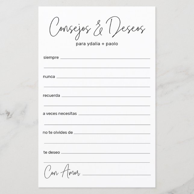 Bröllop Advice och Önskemål Spanska (Framsida)