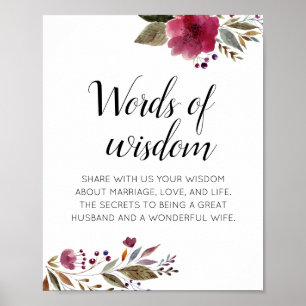 Bröllop Advice Ord av Wisdom Burgundy Blommigt Poster