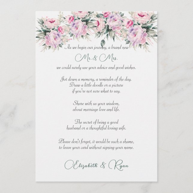 Bröllop Advice well Önskemål Rosa Peonies Rådkort (Framsida)