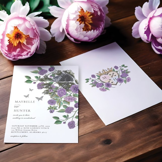 Bröllop Alice in Wonderland Cheshire Cat & Blommig Inbjudningar (Wedding Alice In Wonderland Cheshire Cat & Florals Invitation)