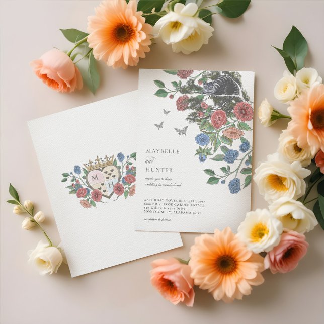 Bröllop Alice in Wonderland Cheshire Cat & Blommig Inbjudningar (Wedding Alice In Wonderland Cheshire Cat & Florals Invitation)