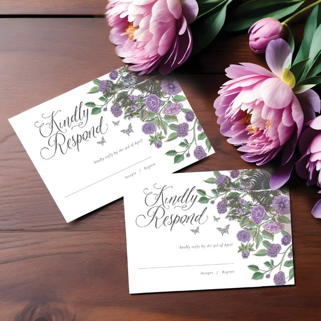 Bröllop Alice in Wonderland Cheshire Cat & Blommig OSA Kort (Wedding Alice In Wonderland Cheshire Cat & Florals RSVP Card)
