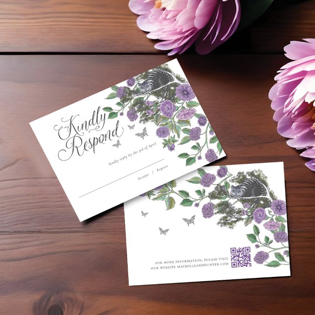 Bröllop Alice in Wonderland Cheshire Cat & Blommig OSA Kort (Wedding Alice In Wonderland Cheshire Cat & Florals RSVP Card)