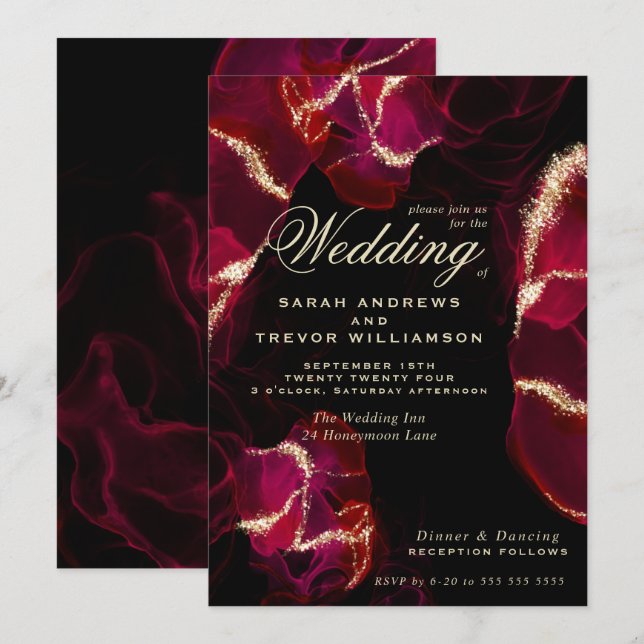 Bröllop | Alkohol Bläck i fetstilt Scarlet Inbjudningar (Fram/baksida)