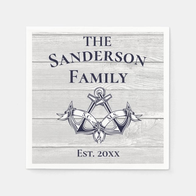 Bröllop Anchors Navy Blue White Nautical Wood Pappersservett (Framsidan)