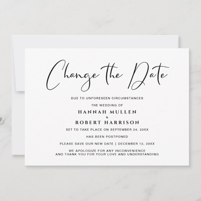 Bröllop ändra datum uppskjutande svart vitt meddelande (Framsida)