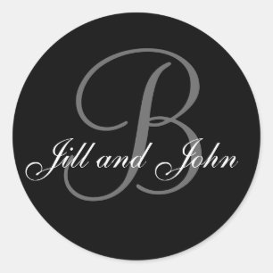 Bröllop Anpassningsbar Monogram & Namn Black & Grå Runt Klistermärke