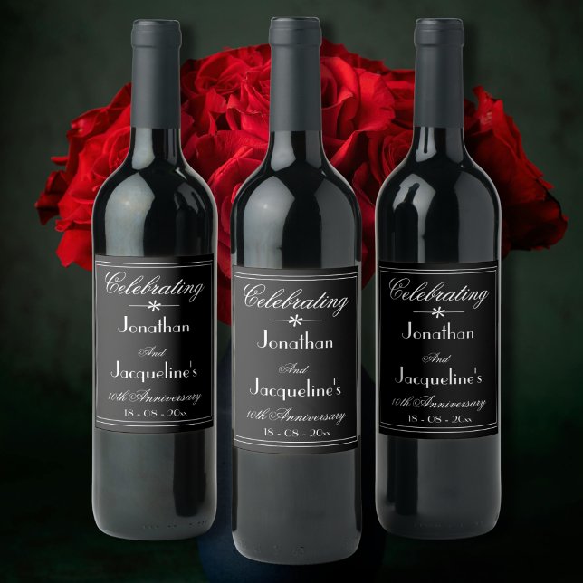 Bröllop-årsdag, Party-skript, Elegant Black Vinflaska Etikett (For an Elegant Wedding Anniversary - Personalized Chic Black Wine Labels)