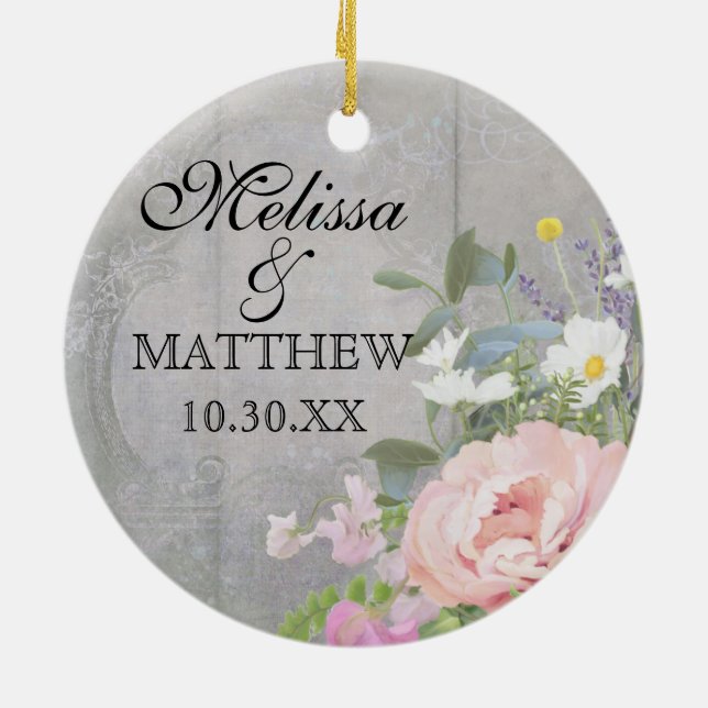 Bröllop-årsdagen av Blommigten Rustic Land Chic  A Julgransprydnad Keramik (Baksidan)