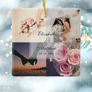 Bröllop-årsdagen av Bride och Groom Photo Collage Julgransprydnad Keramik