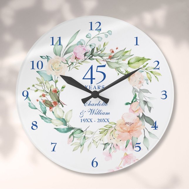 bröllop-årsdagen för 45-65en Ro Blommigt Stor Klocka (45th 65th Wedding Anniversary Roses Floral Large Clock)