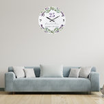 Bröllop-årsdagen för Lavender violett blommigt Stor Klocka<br><div class="desc">Vit bakgrund,  violett,  grönt och svart text. Dekorerad med lavender-blommor och eukalyptus grey. Anpassa och lägg till namn och bröllop-datum eller årsdag. Klicka på ansikte under blommigtarna.</div>
