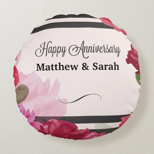 Bröllop-årsdagen Ro, Rand, anpassade namn Rund Kudde (Framsidan)