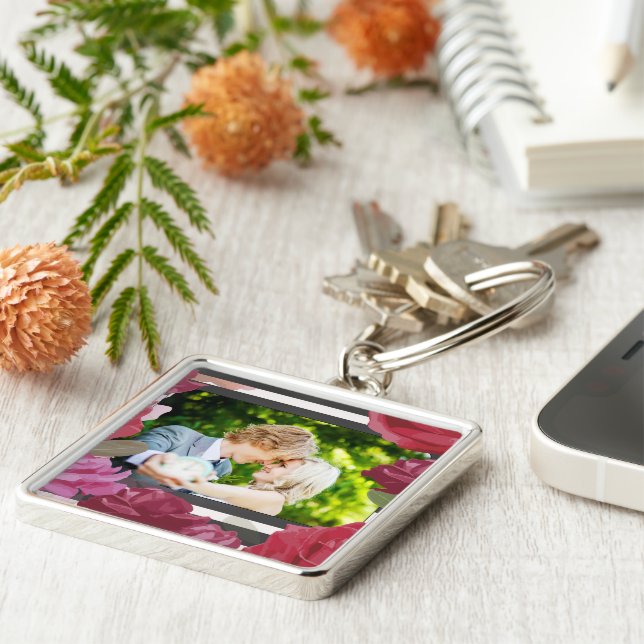 Bröllop-årsdagen Ro, Rand, Anpassningsbar Photo Fyrkantig Silverfärgad Nyckelring (Sidan)