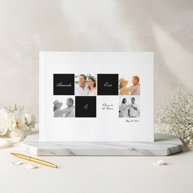 Bröllop-årsjubileum Grid Photo Collage Black Gästböcker (Wedding Anniversary Grid Photo Collage Black Guest Book)