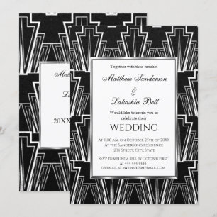 Bröllop Art Deco Black and White Inbjudningar