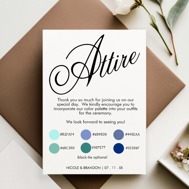 Bröllop Attire för vit och svart Elegant Tilläggskort (White & Black Elegant Script Wedding Attire Enclosure Card)