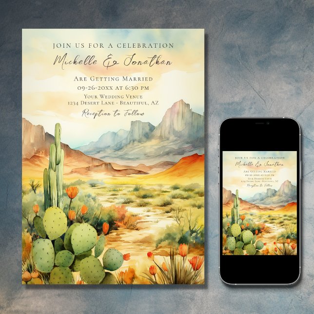 Bröllop av den vackra vattenfärgen Desert Cactus Inbjudningar (Printed and Digital - Beautiful Watercolor Desert Cactus Southwestern Invitation)