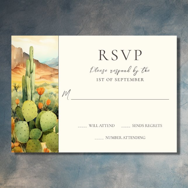 Bröllop av den vackra vattenfärgen Desert Cactus OSA Kort (Front - Beautiful Desert Cactus Southwestern Wedding RSVP Card)
