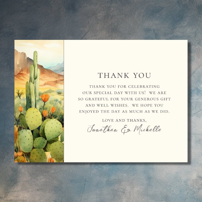 Bröllop av den vackra vattenfärgen Desert Cactus Tack Kort (Front - Beautiful Watercolor Desert Cactus Wedding Thank You Card)