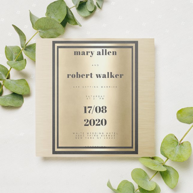 Bröllop av övertoningssvart metallisk guld-typogra inbjudningar (Metallic gold gradient black typography wedding)