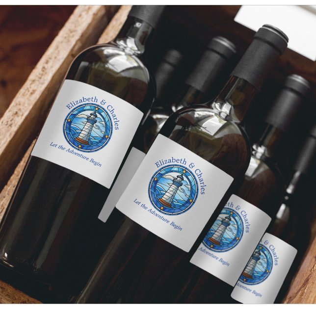 Bröllop Äventyr fyr i sjösjösjösjön Vinflaska Etikett (Wedding Nautical Lighthouse Wine labels)