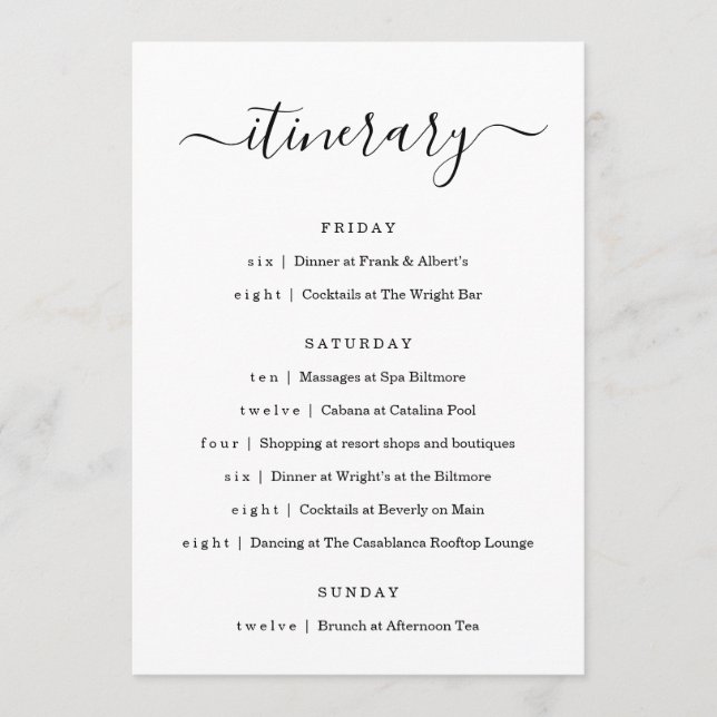 Bröllop / Bachelorette Party / Birthday Itinerary Program (Framsida)