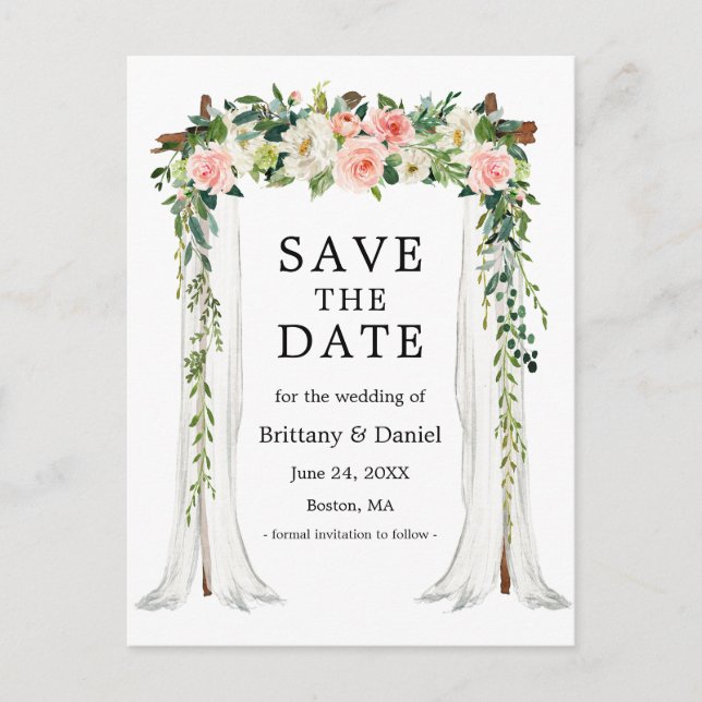 Bröllop Baldakin Båge Akvarell Rosa Vit Blommig Meddelande Vykort (Framsida)